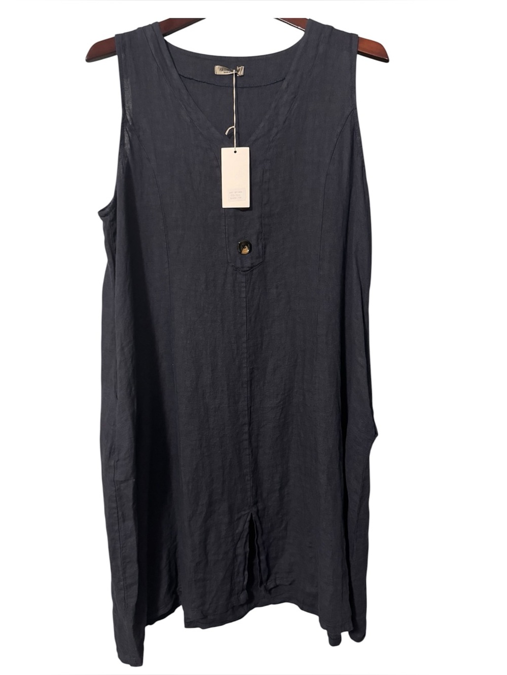 Alessia Pacini Dress 1X Blue Linen Button V-Neck Pockets Preppy Lagenlook Italia